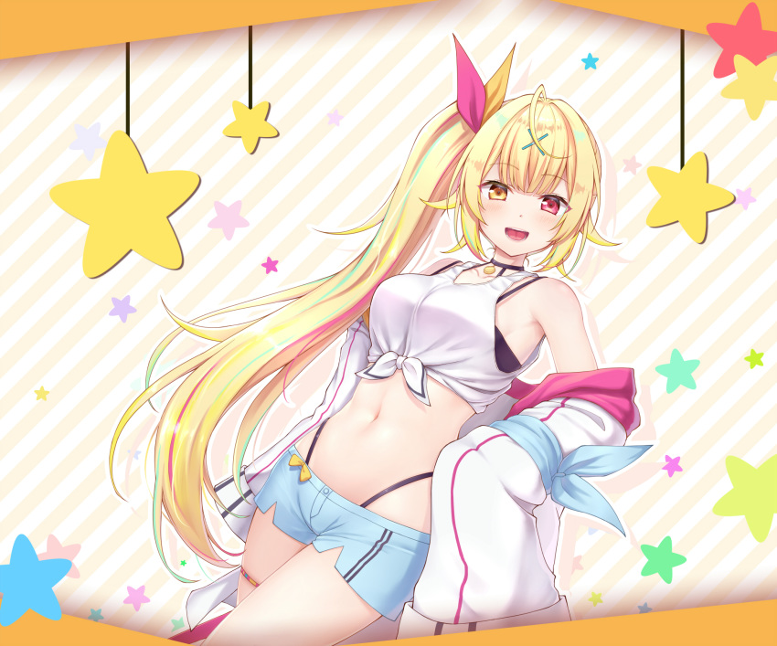 1girl :d ahoge armpits bare_shoulders blue_shorts breasts choker collarbone cowboy_shot crop_top dutch_angle front-tie_top hair_ornament hair_ribbon hands_on_hips heterochromia highleg highres hoshikawa_sara jacket long_hair long_sleeves looking_at_viewer medium_breasts midriff mikotoplus multicolored_hair navel nijisanji off_shoulder open_clothes open_jacket open_mouth ribbon shirt short_shorts shorts side_ponytail sleeves_past_fingers sleeves_past_wrists smile solo star stomach streaked_hair tank_top thigh_strap thighs very_long_hair virtual_youtuber white_jacket white_shirt x_hair_ornament