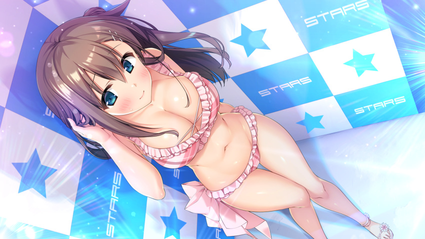 bikini blue_eyes blush breasts brown_hair cleavage game_cg navel onaji_class_no_idol-san shouna_mitsuishi sonora swimsuit yuuki_wako