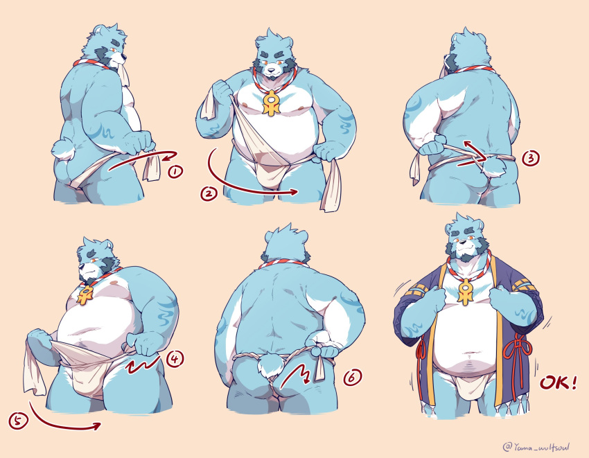 2019 anthro asian_clothing belly blue_body blue_fur butt clothing east_asian_clothing fundoshi fur hi_res humanoid_hands japanese_clothing male mammal moobs navel nipples overweight overweight_male simple_background solo underwear ursid wolfsoul 十泉介