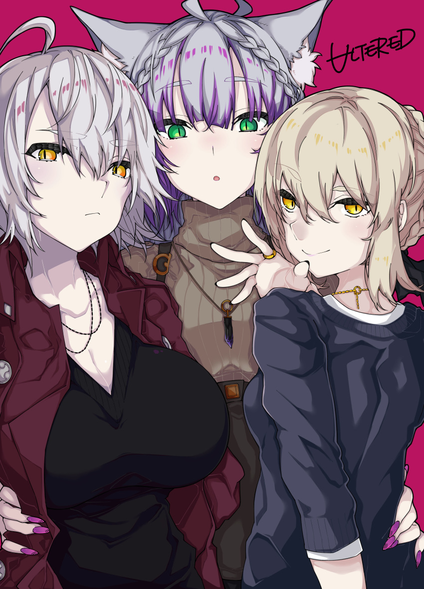 3girls :o absurdres ahoge animal_ear_fluff animal_ears artoria_pendragon_(all) atalanta_(alter)_(fate) atalanta_(fate) bangs black_sweater braid breasts brown_jacket brown_sweater cat_ears closed_mouth commentary_request eyebrows_visible_through_hair fate/apocrypha fate/grand_order fate/stay_night fate_(series) fingernails green_eyes grey_hair hair_between_eyes highres jacket jeanne_d'arc_(alter)_(fate) jeanne_d'arc_(fate)_(all) jewelry kirishina_(raindrop-050928) large_breasts light_brown_hair looking_at_viewer looking_back multicolored_hair multiple_girls nail_polish open_clothes open_jacket parted_lips pink_nails purple_hair red_background ribbed_sweater ring saber_alter short_sleeves sidelocks signature simple_background slit_pupils smile streaked_hair sweater thick_eyebrows turtleneck turtleneck_sweater yellow_eyes