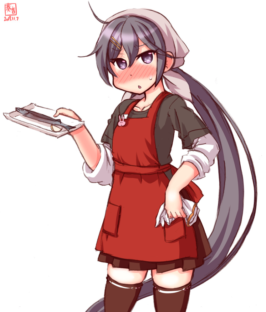 1girl ahoge akebono_(kantai_collection) alternate_costume apron artist_logo bandana black_legwear black_shirt black_skirt blush commentary_request dated fish hand_on_hip highres kanon_(kurogane_knights) kantai_collection long_hair looking_at_viewer low_ponytail plate pleated_skirt ponytail purple_eyes purple_hair red_apron shirt simple_background skirt sleeves_rolled_up solo standing sweater thighhighs very_long_hair white_background white_sweater