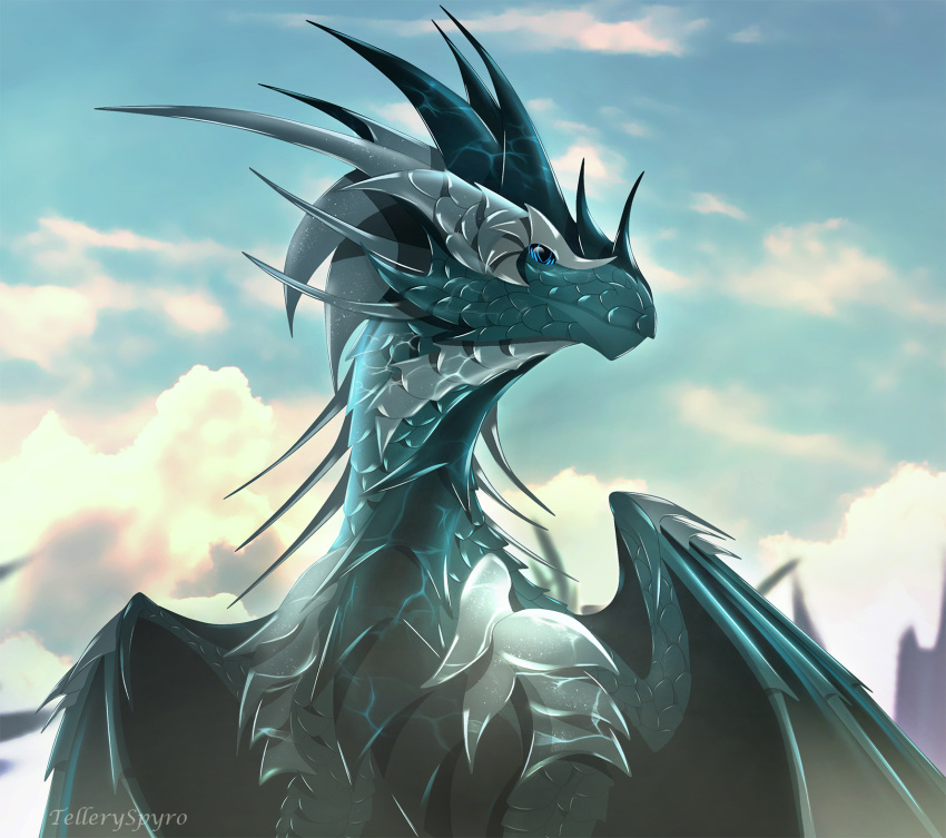 2019 ambiguous_gender claws day detailed_background digital_media_(artwork) dragon feral hi_res horn membrane_(anatomy) membranous_wings outside scales scalie sky solo spines telleryspyro western_dragon wings