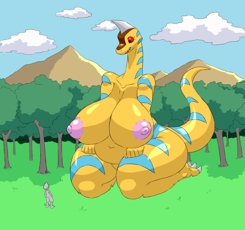 3_toes ambiguous_gender anthro anthrofied big_breasts blue_body brachiomon breasts cheese_cake cloud digimon digimon_(species) digimorph dinosaur duo female female_focus grass hi_res horn huge_breasts human hyper hyper_breasts macro mammal mountain non-mammal_breasts orange_body red_eyes reptile sauropod scalie sewing smile solo_focus stripes toes tree