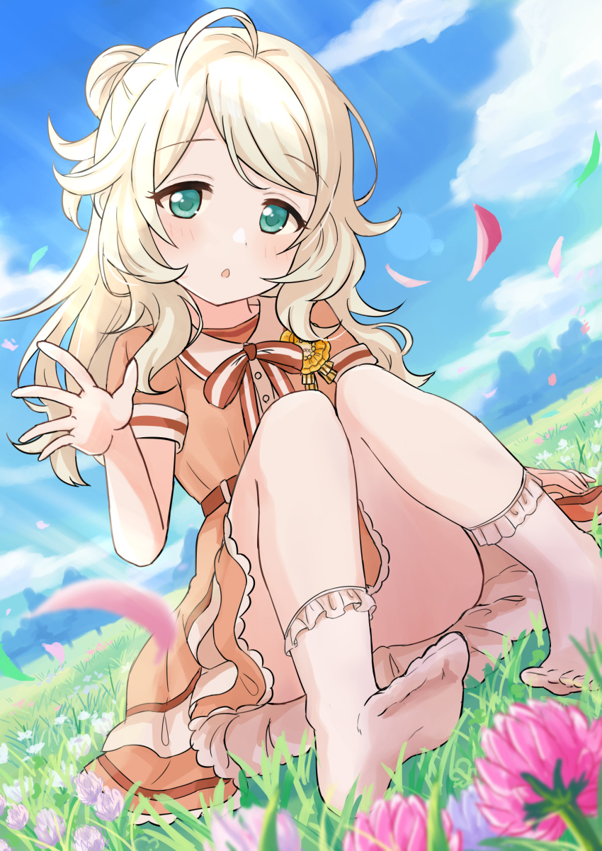 1girl ahoge bangs blonde_hair blue_sky blurry blurry_foreground blush bobby_socks bow brown_bow brown_dress cloud convenient_leg day depth_of_field dress dutch_angle eluthel eyebrows_visible_through_hair flower green_eyes hair_bun hand_up highres idolmaster idolmaster_cinderella_girls idolmaster_cinderella_girls_starlight_stage long_hair looking_at_viewer no_shoes outdoors parted_bangs parted_lips petals pink_flower short_sleeves sitting sky socks soles solo striped striped_bow white_legwear yusa_kozue