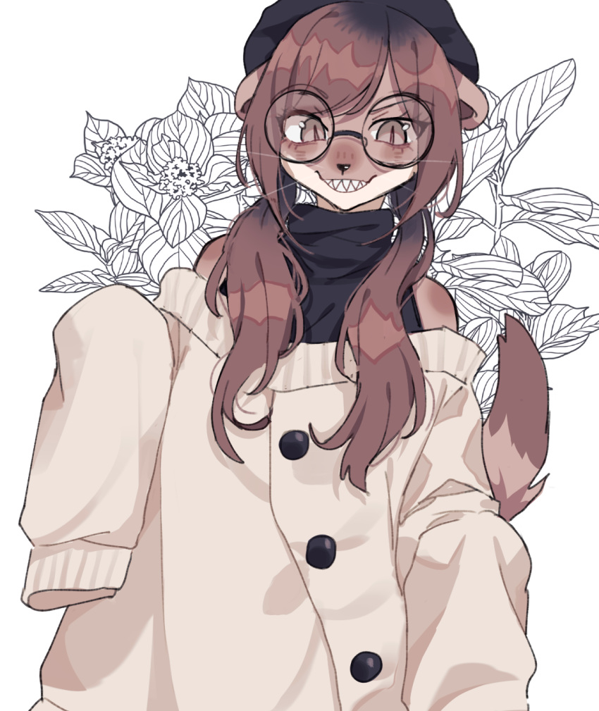 anthro blush brown_body brown_fur brown_hair clothed clothing eyewear female flower fur glasses hair headgear headwear hi_res jacket kazie-ru looking_at_viewer mammal mustela mustelid musteline plant simple_background smile solo teeth topwear white_background zuekrz