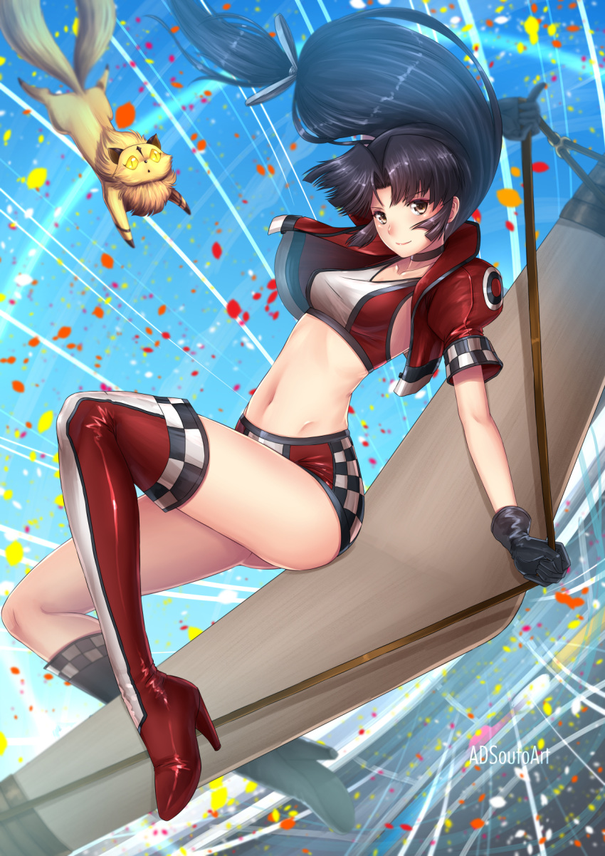 1girl adsouto artist_name asymmetrical_legwear black_footwear black_gloves black_hair blue_ribbon blue_sky boomerang boots breasts brown_eyes choker closed_mouth day floating_hair full_body gloves groin hair_intakes hair_ribbon high_heel_boots high_heels highres inuyasha jacket kirara_(inuyasha) knee_boots long_hair low-tied_long_hair medium_breasts midriff navel open_clothes open_jacket outdoors race_queen red_footwear red_jacket ribbon sango shiny shiny_hair short_shorts shorts sky smile solo stomach thigh_boots thighhighs very_long_hair