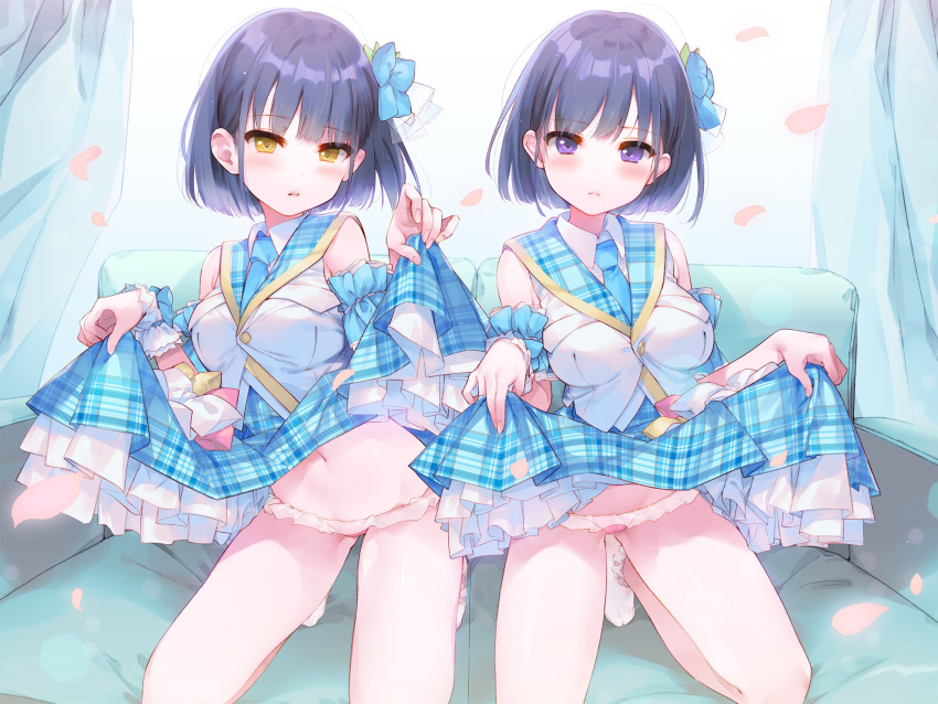 2girls aihara_shouta arm_garter bangs blue_dress blue_skirt blunt_bangs blush breast_pocket breasts buttons collar couch curtains dress eyebrows_visible_through_hair flower frilled_panties frilled_skirt frills hair_flower hair_ornament highres idol jacket kneeling looking_at_viewer medium_breasts multiple_girls navel necktie original panties parted_lips petals pink_panties plaid pocket purple_eyes purple_hair short_hair short_socks siblings skirt skirt_lift sleeveless spread_legs string_panties tareme twins underwear white_collar white_jacket wrist_cuffs yellow_eyes