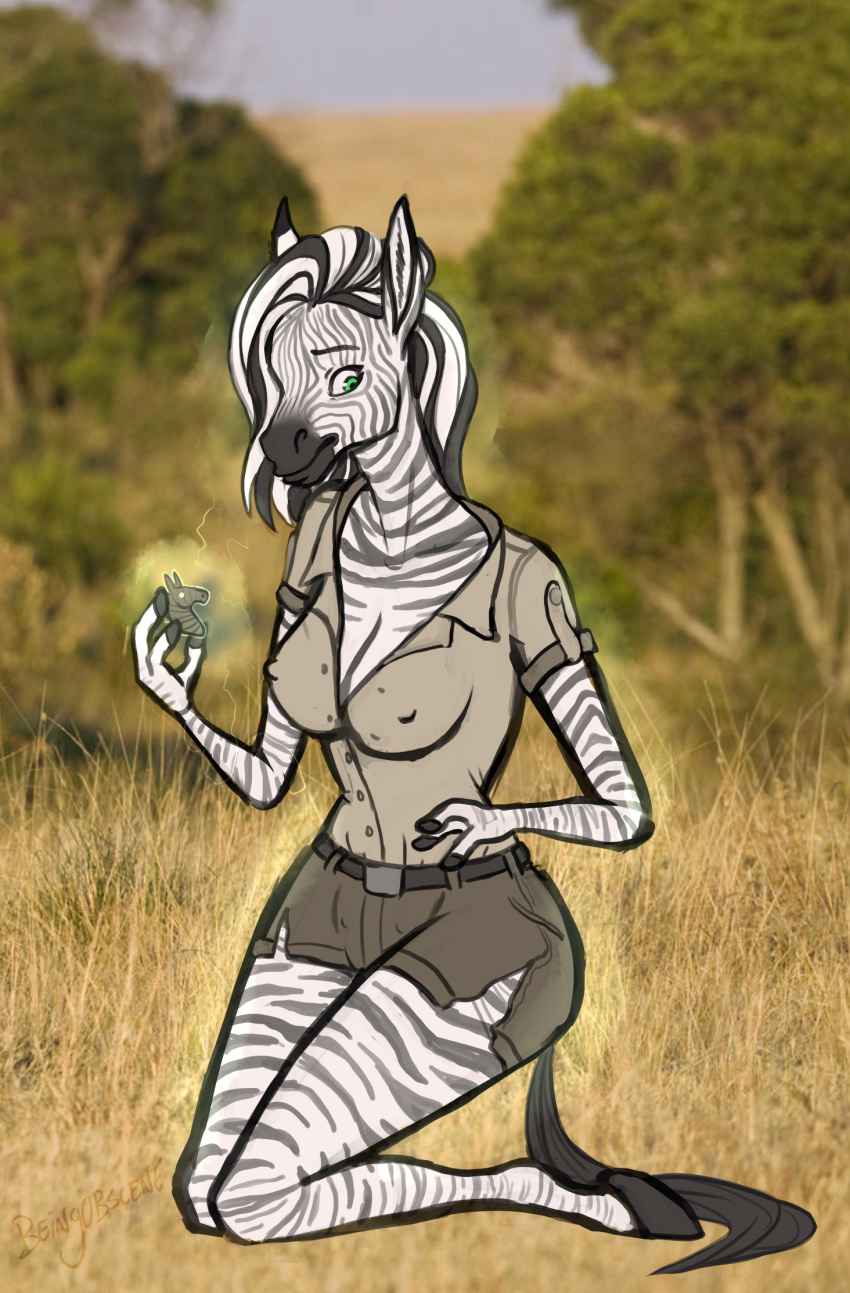 2017 anthro beingobscene bottomwear breasts clothing equid equine female green_eyes hi_res hooves implied_transformation kneeling mammal nipple_outline photo_background shorts solo stripes teats torn_clothing zebra