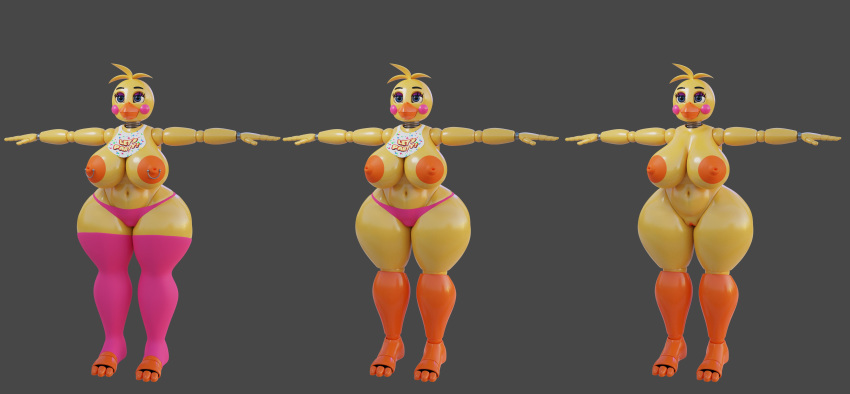 2019 3_toes 3d_(artwork) absurd_res animatronic areola avian beak bib big_breasts biped bird blue_eyes blush blush_stickers breasts chicken clothed clothing curvy_figure digital_media_(artwork) doll_joints english_text eyelashes eyeliner feathers female five_nights_at_freddy's five_nights_at_freddy's_2 front_view galliform gallus_(genus) grey_background head_tuft hi_res huge_breasts humanoid_hands legwear machine makeup multiple_images navel nipple_piercing nipples non-mammal_breasts nude orange_areola orange_beak orange_nipples panties phasianid piercing pink_clothing pink_legwear pink_panties pink_underwear pussy robot runabo simple_background solo standing t_pose text thigh_highs toeless toes topless toy_chica_(fnaf) tuft underwear video_games voluptuous wide_hips yellow_body yellow_feathers