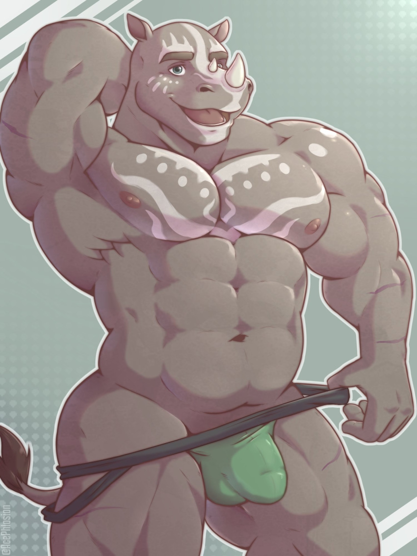 2019 acephlosion anthro big_muscles blue_eyes bulge clothed clothing eyebrows grey_body grey_skin hand_behind_head hi_res horn jockstrap looking_at_viewer male mammal muscular muscular_male nipples open_mouth penis_outline pink_nipples rhinocerotoid scar smile solo standing thick_eyebrows topless underwear undressing white_horn