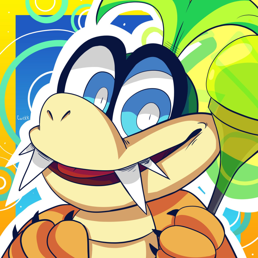 1:1 2019 abstract_background anthro blue_eyes cwecklebuns eyewear glasses green_hair hair headshot_portrait hi_res holding_object icon iggy_koopa koopa koopaling looking_at_viewer magic male mario_bros nintendo open_mouth open_smile portrait scalie sharp_teeth signature smile solo teeth tongue video_games