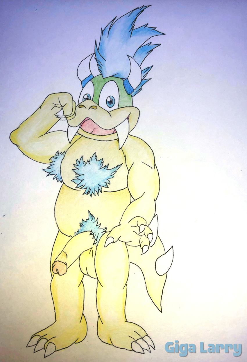 2019 absurd_res balls claws giga_larry happy hi_res horn humanoid_penis koopa koopaling larry_koopa male mario_bros nintendo nude penis scalie tongue traditional_media_(artwork) video_games