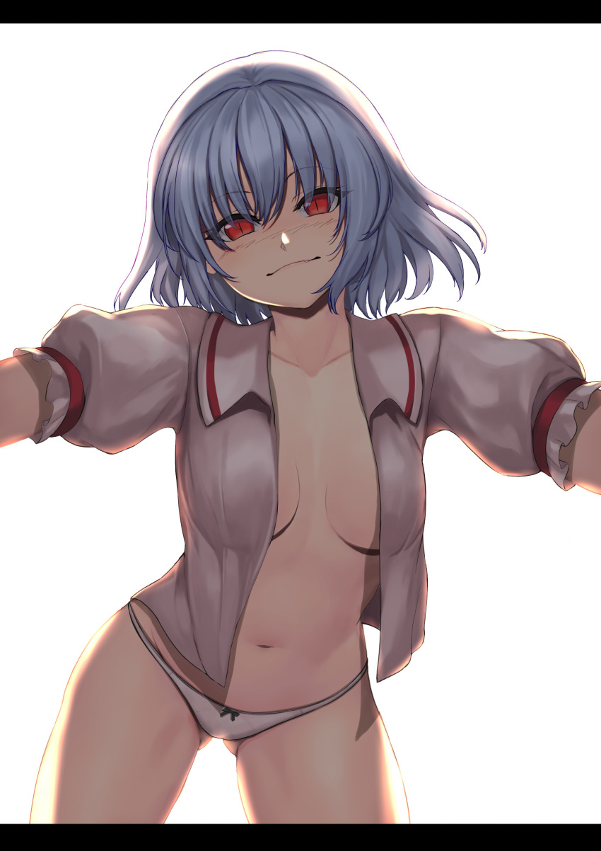 1girl ass_visible_through_thighs blue_hair blush breasts commentary_request cowboy_shot groin highres lavender_hair leaning_forward looking_at_viewer medium_hair navel no_bra no_pants open_clothes open_shirt panties red_eyes remilia_scarlet simple_background slit_pupils small_breasts smile solo sudako_(dai011305) thighs touhou underwear white_background white_panties