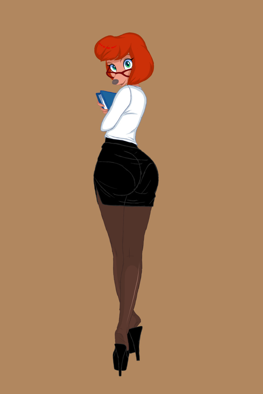 anthro big_butt big_eyes book bottomwear butt canid canine canis clothing cocaine-leopard disney domestic_dog eyewear female footwear glasses goof_troop hair hi_res high_heels legwear long_legs mammal mature_female panty_line pinup pose red_hair shoes skirt solo standing stockings sylvia_marpole