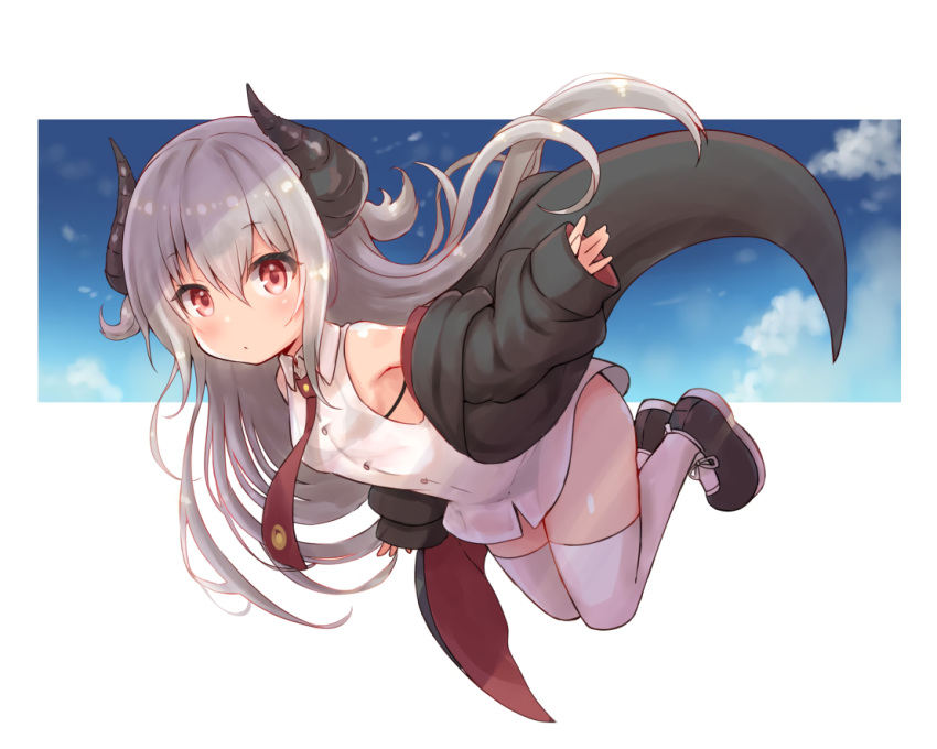 clouds gray_hair horns long_hair original red_eyes siragagaga sky thighhighs tie white