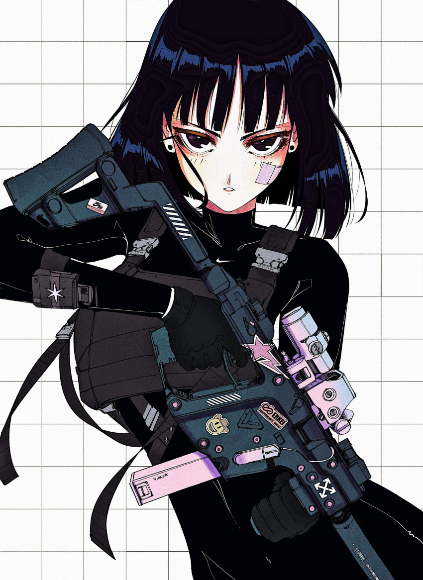 1girl 90s absurdres bandaid bandaid_on_face bangs bishoujo_senshi_sailor_moon black_gloves black_hair bodysuit close-up commentary english_commentary eyebrows eyelashes finger_on_trigger gloves gun highres holding holding_gun holding_weapon load_bearing_vest looking_at_viewer machine_pistol military_operator nike product_placement purple_eyes sailor_saturn scope short_hair skin_tight smiley_face solo suppressor tomoe_hotaru tsurime vinne weapon