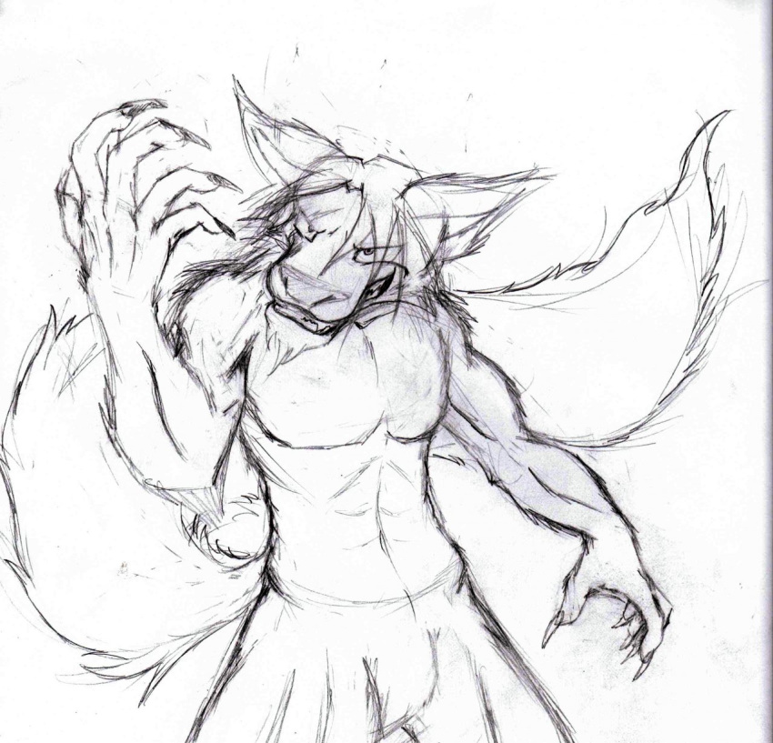 2013 canid canine claws fangs fluffy fluffy_tail hair hi_res hypnofur male mammal monochrome muscular sketch traditional_media_(artwork) were werecanid werecanine werewolf