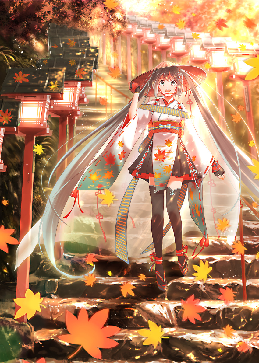 1girl aqua_eyes aqua_hair autumn autumn_leaves black_legwear blush hair_ornament hat hatsune_miku highres japanese_clothes kyoto leaf long_hair maple_leaf punimoff skirt twintails very_long_hair vocaloid