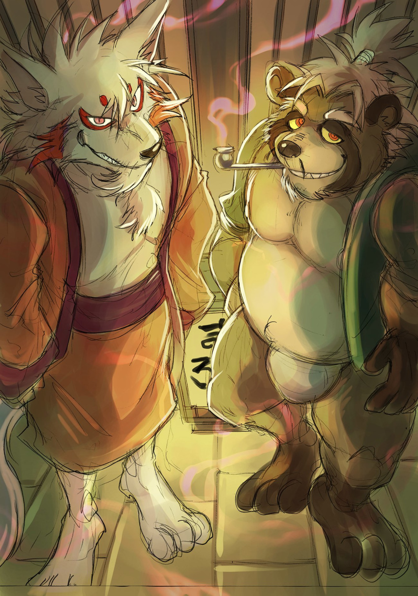 2019 anthro asian_clothing belly brown_body brown_fur canid canine clothing duo east_asian_clothing fox fundoshi fur hi_res humanoid_hands japanese_clothing kas20241013 male mammal moobs nipples overweight overweight_male raccoon_dog robe smoking tanuki underwear