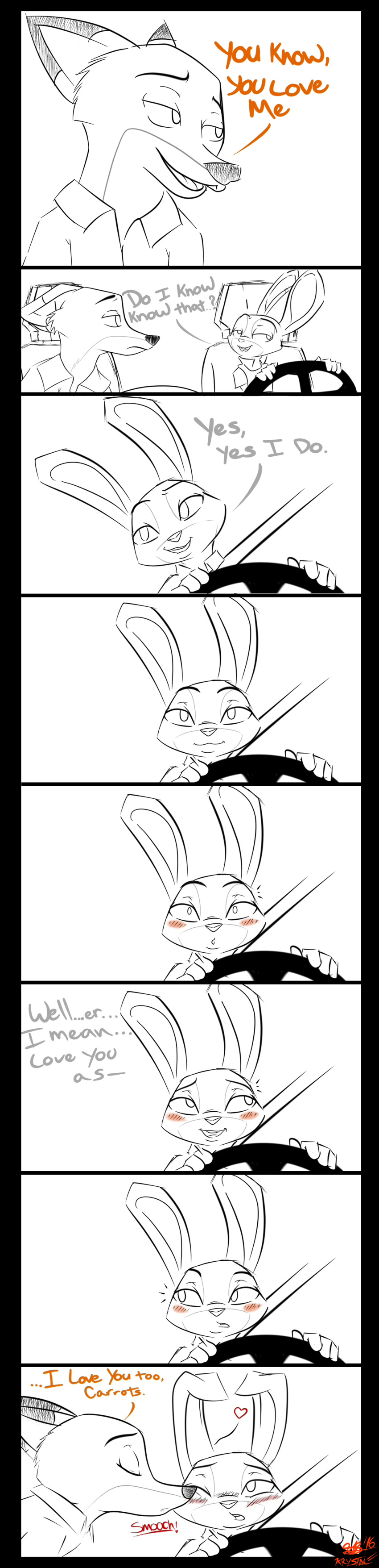 ! &lt;3 2016 ? absurd_res anthro black_nose blush canid canine car clothing comic dialogue disney driving duo ears_back english_text fox hi_res inside_car judy_hopps kissing_cheek lagomorph leporid mammal nick_wilde one_eye_closed pivoted_ears police_uniform rabbit shirt simple_background sketch text topwear uniform vehicle white_background xxxsketchbookxxx zootopia