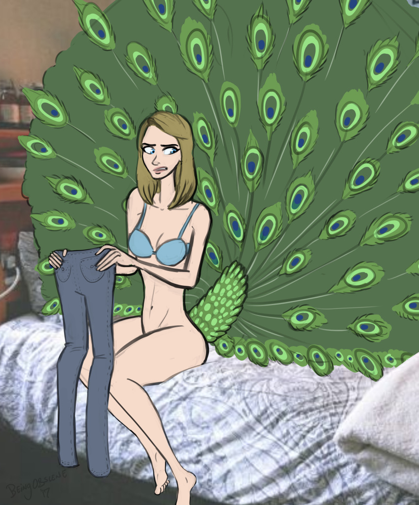 2017 absurd_res animal_humanoid annoyed avian avian_humanoid bed beingobscene bird blue_eyes bottomless bottomwear bra breasts brown_hair clothed clothing female furniture galliform galliform_humanoid hair hi_res humanoid implied_transformation jeans navel on_bed pants peafowl peafowl_humanoid phasianid photo_background sitting solo underwear