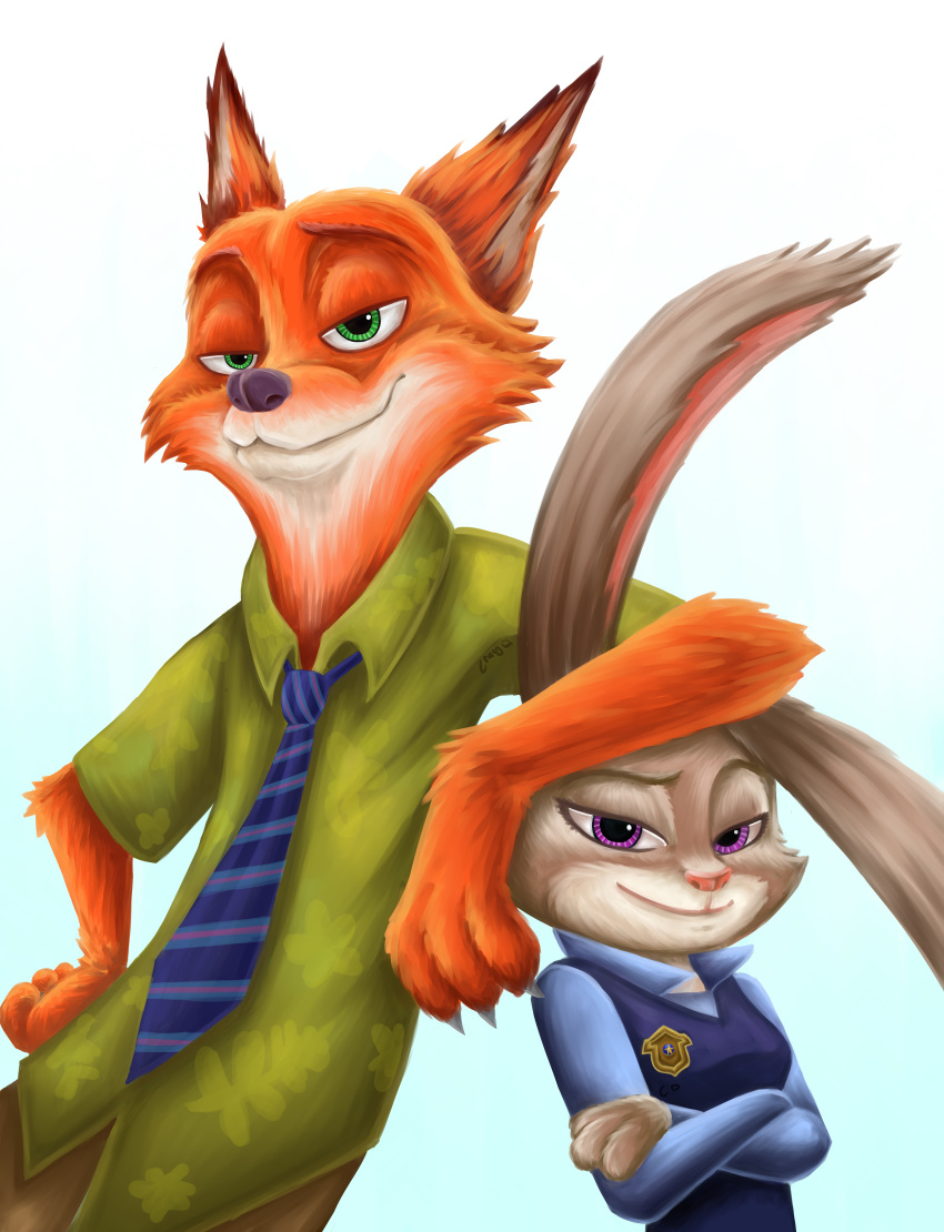 absurd_res anthro black_nose blue_background bottomwear canid canine cheek_tuft claws clothing crossed_arms disney duo face_tuft fox fur gradient_background green_eyes grey_body grey_fur hi_res judy_hopps lagomorph leaning leporid looking_at_viewer mammal necktie nick_wilde orange_body orange_fur pants pink_nose police_uniform purple_eyes rabbit red_fox shirt simple_background smile stanglass topwear tuft uniform white_background white_body white_fur zootopia