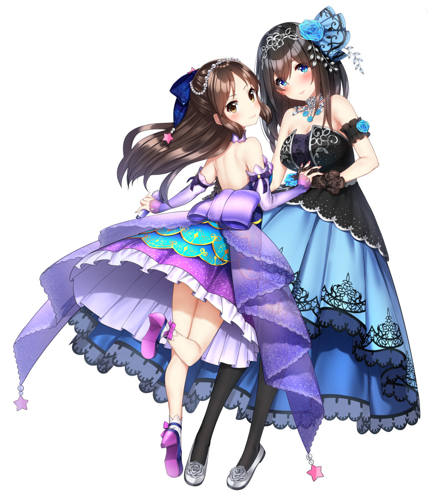 2girls absurdres arm_garter bangs bare_back bare_shoulders beads black_dress black_gloves black_hair blue_eyes blue_flower blue_ribbon blue_rose blush breasts brown_hair cleavage closed_mouth commentary_request detached_sleeves dress eyebrows_visible_through_hair floating_hair flower frilled_dress frills gloves go-1 grey_flower grey_rose hair_flower hair_ornament hair_ribbon hand_holding head_tilt headdress high_heels highres holding holding_microphone huge_filesize idolmaster idolmaster_cinderella_girls interlocked_fingers leg_up loafers long_dress long_hair long_sleeves looking_at_viewer looking_back medium_breasts microphone multiple_girls nail_polish pink_nails purple_dress purple_ribbon ribbon rose sagisawa_fumika shoes sidelocks simple_background sleeveless sleeveless_dress sleeves_past_wrists smile star strapless strapless_dress tachibana_arisu the_idolm@ster the_idolm@ster_cinderella_girls white_background white_footwear yellow_eyes