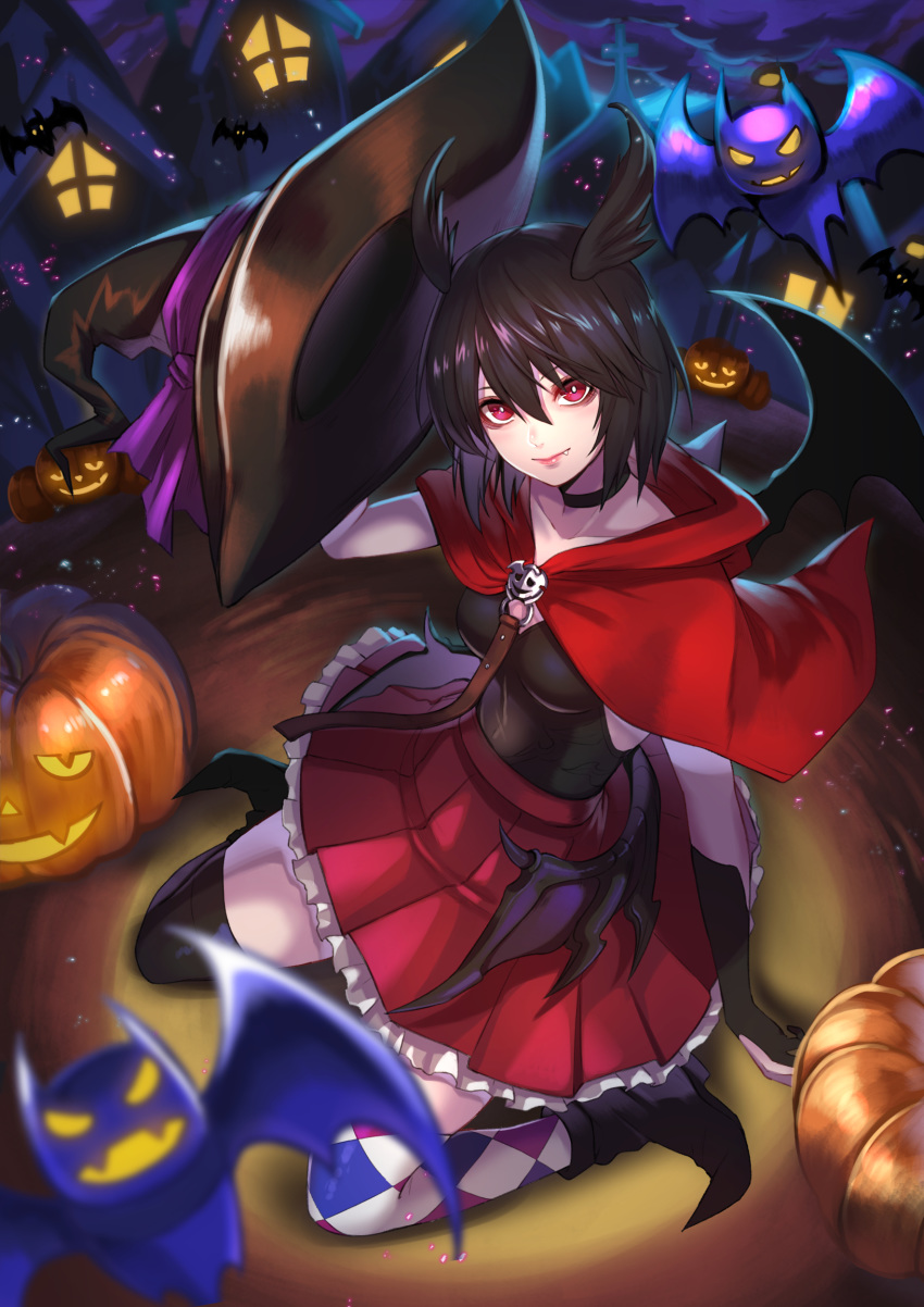 1girl absurdres alternate_costume bat bat_wings black_choker black_gloves black_hair black_legwear black_wings boots breasts capelet checkered checkered_legwear choker collarbone fang fang_out fate/grand_order fate_(series) feathered_wings frilled_skirt frills gloves hair_between_eyes halloween halloween_costume hat head_wings highres jack-o'-lantern mismatched_legwear ortlinde_(fate/grand_order) partly_fingerless_gloves pleated_skirt pumpkin re_(re_09) red_capelet red_eyes red_skirt short_hair sitting skirt sleeveless small_breasts solo thighhighs valkyrie_(fate/grand_order) wariza wings witch_hat