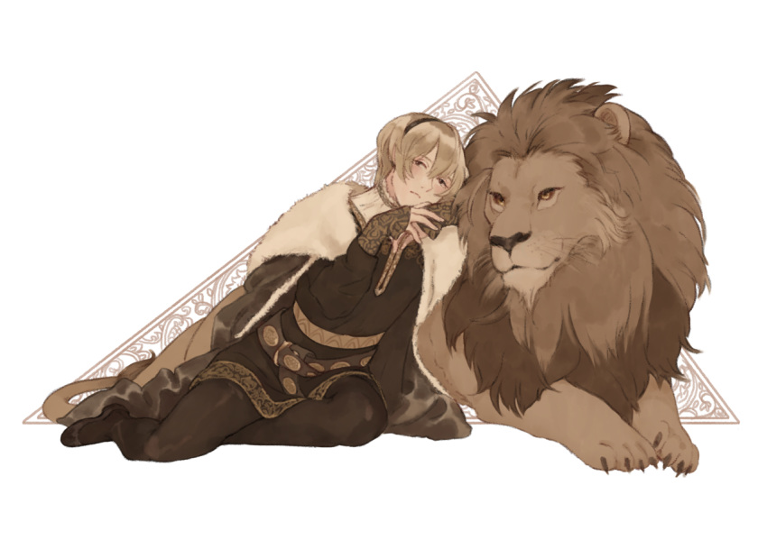 1boy ai-wa animal blonde_hair cape european_clothes fire_emblem fire_emblem_fates fur_cape leo_(fire_emblem) lion looking_at_viewer lying