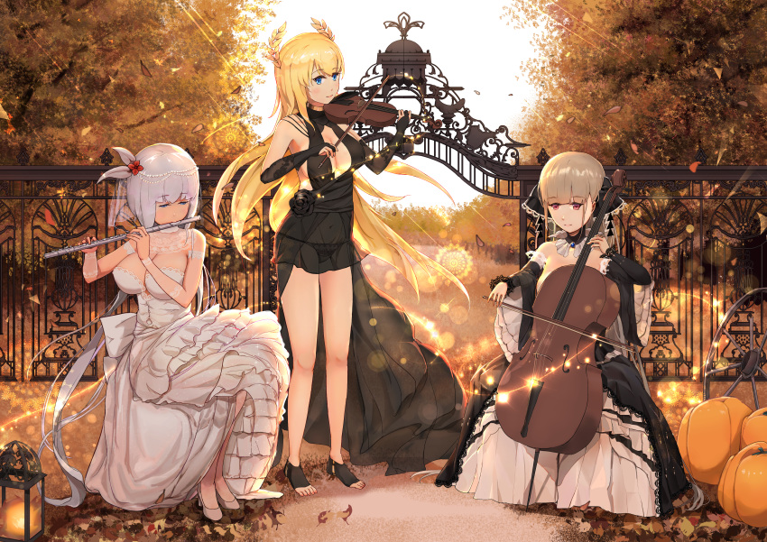 3girls absurdres autumn azur_lane black_dress black_flower blonde_hair blue_eyes bow_(instrument) breasts cello cleavage covered_navel day dress fence flower flute formidable_(azur_lane) frilled_dress frills gate hair_flower hair_ornament high_heels highres huge_filesize illustrious_(azur_lane) instrument lantern large_breasts leaf lens_flare long_hair medium_breasts miyo_(miyostage) multiple_girls music outdoors playing_instrument pumpkin red_eyes see-through short_hair sitting smile standing sunlight toes tree victorious_(azur_lane) wheel white_dress white_footwear white_hair wide_sleeves