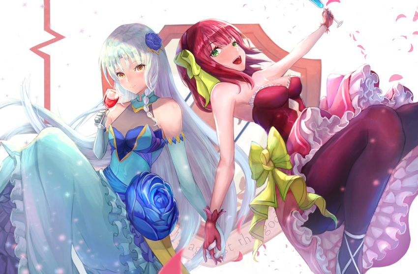 2girls :d alcohol angel_beats! bad_proportions bare_shoulders blue_dress blue_flower blue_gloves bow braid breasts champagne_flute cleavage cup dress drinking_glass elbow_gloves flower ganmenkurei_(ani) gloves green_bow hair_bow hair_flower hair_ornament highres holding_hands key_(company) looking_at_viewer medium_breasts medium_hair multiple_girls open_mouth pantyhose red_dress red_gloves red_hair red_legwear sitting sleeveless sleeveless_dress smile tenshi_(angel_beats!) white_hair wine wine_glass yuri_(angel_beats!)