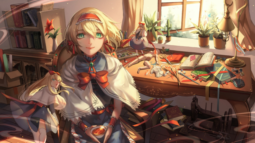 1girl alice_margatroid blonde_hair book brooch cactus capelet colored_pencil cup desk desk_lamp doll doll_joints fabric green_eyes grimoire hairband highres jar jewelry lamp lolita_hairband long_hair looking_at_viewer needle paint_tube pencil plant potted_plant ribbon scissors sewing_kit sewing_machine sewing_needle shanghai_doll short_hair smile solo spool tea teacup thighhighs touhou white_legwear window ze_xia