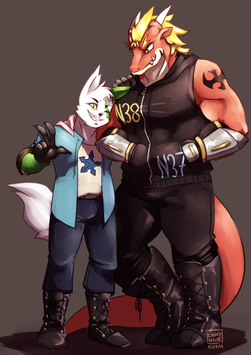 absurd_res aladar_(character) chocorinpa clothing couple_(disambiguation) delga dragon duo hi_res male male/male nintendo pok&eacute;mon pok&eacute;mon_(species) smile video_games zangoose