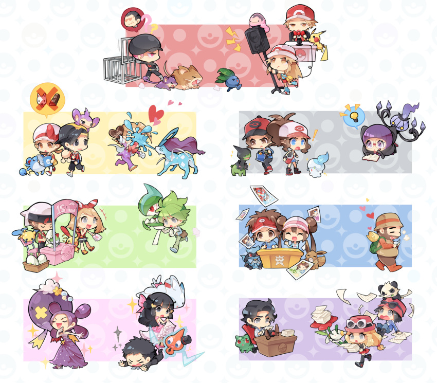 6+boys 6+girls :d ^_^ aipom alternate_color alternate_costume baseball_cap beard black_hair blue_(pokemon) blue_eyes boots brown_eyes brown_hair bulbasaur cage chair chandelure closed_eyes creature deino_(pokemon) desk ditto double_bun egg elite_four facial_hair gallade gen_1_pokemon gen_2_pokemon gen_3_pokemon gen_4_pokemon gen_5_pokemon gen_6_pokemon gold_(pokemon) green_hair hair_ribbon happy haruka_(pokemon) hat highres holding holding_egg holding_pen huan_li kotone_(pokemon) leg_warmers light_brown_hair light_bulb litwick long_hair lying marill minaki_(pokemon) minun mitsuru_(pokemon) multiple_boys multiple_girls oddish on_stomach open_mouth pants paper pen pink_ribbon plusle pokemon pokemon_(creature) pokemon_(game) pokemon_bw pokemon_bw2 pokemon_dppt pokemon_frlg pokemon_hgss pokemon_on_head pokemon_xy porkpie_hat purple_hair ralts raticate red_(pokemon) red_ribbon ribbon running sakaki_(pokemon) shikimi_(pokemon) shiny_pokemon shoes short_hair sitting skirt smile spoken_light_bulb standing suicune sunglasses team_rocket team_rocket_grunt team_rocket_uniform tied_hair touko_(pokemon) touya_(pokemon) twintails white_background writing yuuki_(pokemon)