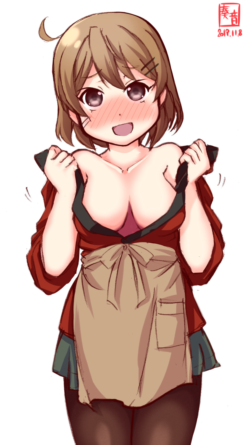 1girl ahoge alternate_costume apron artist_logo bandaid bandaid_on_face black_legwear blush breasts brown_apron brown_eyes brown_hair cleavage commentary_request cowboy_shot dated grey_skirt happi highres japanese_clothes kanon_(kurogane_knights) kantai_collection large_breasts nose_blush oboro_(kantai_collection) open_clothes pantyhose pleated_skirt short_hair simple_background skirt smile solo standing white_background