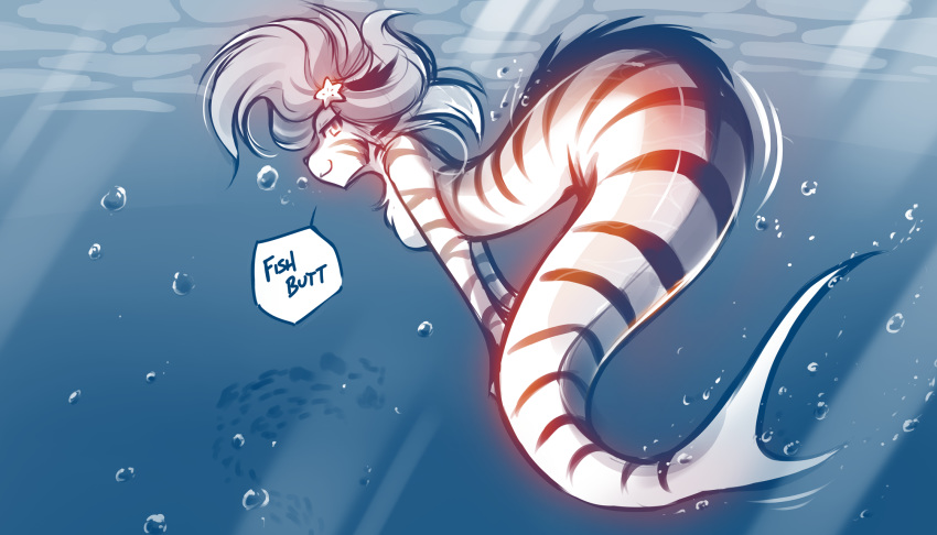 2019 7:4 alternate_species anthro breasts bubble casual_nudity conditional_dnp dialogue english_text featureless_breasts felid female flora_(twokinds) fur hi_res keidran looking_aside looking_at_viewer mammal marine merfolk monochrome nude pantherine pose sketch smile smirk solo striped_body striped_fur stripes text tiger tom_fischbach twokinds underwater water webcomic