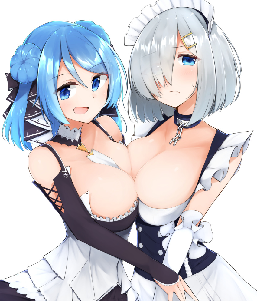 2girls alternate_costume apron blue_eyes blue_hair blush breasts closed_mouth double_bun frills hair_ornament hair_over_one_eye hairclip hamakaze_(kantai_collection) highres kantai_collection large_breasts looking_at_viewer maid maid_apron maid_headdress multiple_girls open_mouth sakikumo_(sakumo) short_hair silver_hair simple_background skirt smile urakaze_(kantai_collection) white_background