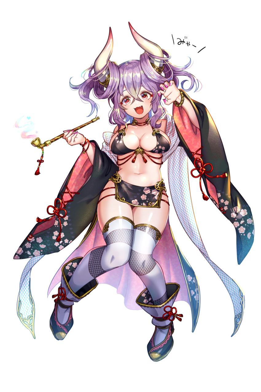 1girl :d bangs bare_shoulders bead_bracelet beads bikini black_bikini boots bracelet breasts choker claw_pose cleavage commentary_request crossed_bangs demon_horns fang floral_print full_body hair_between_eyes hair_rings hand_up highres horns houchi_shoujo jewelry kiseru large_breasts long_hair long_sleeves looking_at_viewer nail_polish navel off_shoulder open_mouth pelvic_curtain pipe purple_hair red_eyes simple_background smile smoke solo stomach swimsuit tassel thighhighs thighs twintails white_background white_legwear wide_sleeves yoruhachi