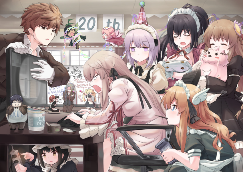 3boys 6+girls alternate_costume anniversary apron black_dress black_hair black_ribbon breast_lift breasts brown_eyes brown_hair camera ceiling chair character_request cleavage closed_eyes crossed_arms cup_ramen dress electric_socket enmaided fairy flower gloves hair_flower hair_ornament hat hunched_over indoors kagari_(rewrite) kanbe_kotori keyboard_(computer) long_hair maid maid_headdress medium_breasts monitor mouth_hold multiple_boys multiple_girls paper_chain party_hat party_popper pink_hair playing_games power_strip puffy_short_sleeves puffy_sleeves purple_eyes purple_hair rewrite ribbon short_hair short_sleeves shouting tagame_(tagamecat) tennouji_kotarou very_long_hair white_gloves wire