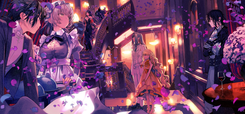 3boys 3girls absurdres black_dress black_hair blonde_hair breasts brown_eyes brown_hair closed_eyes closed_mouth cup dress drinking_glass facing_another glasses gloves grey_eyes grey_hair grey_neckwear high_heels highres huge_filesize indoors isekai_goumonhime large_breasts long_hair long_sleeves looking_at_another maid multiple_boys multiple_girls necktie official_art ponytail railing red_eyes short_hair smile stairs ukai_saki very_long_hair wavy_hair white_gloves wine_glass