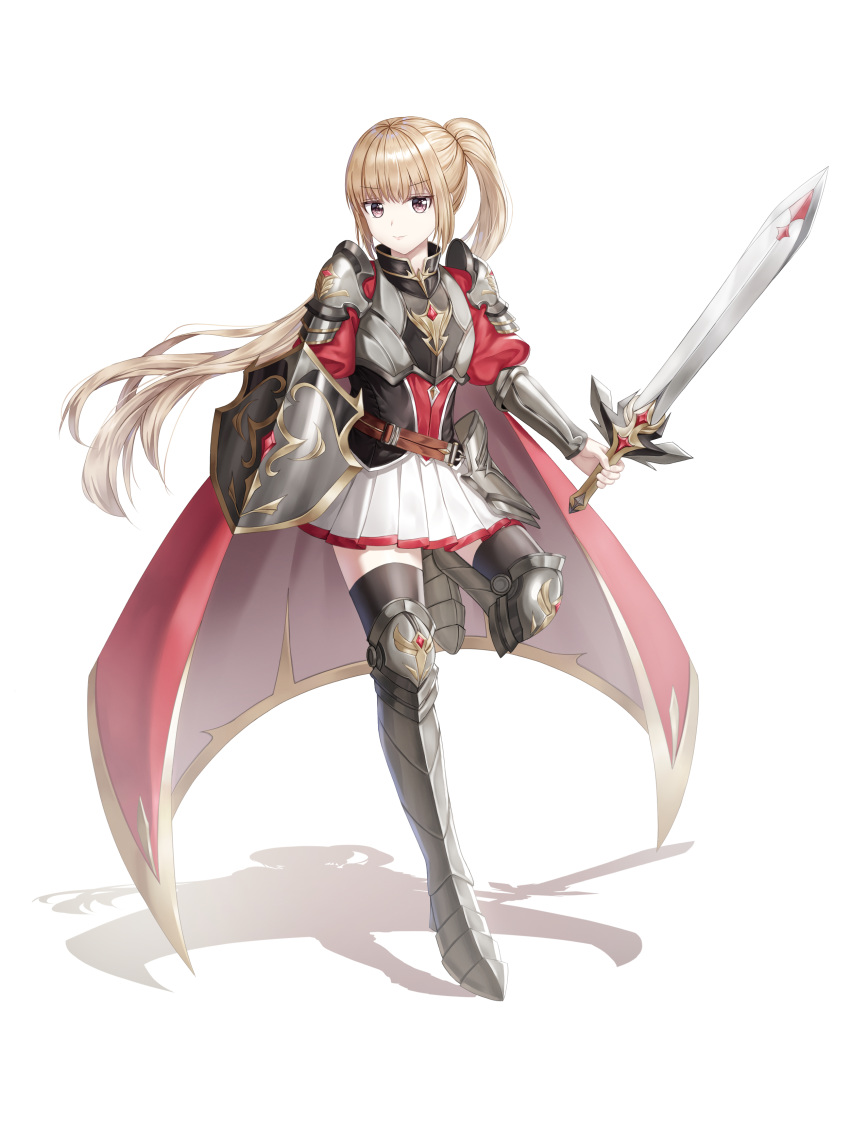 1girl absurdres bangs black_legwear blonde_hair commentary_request eyebrows_visible_through_hair highres holding holding_shield holding_sword holding_weapon knight long_hair looking_at_viewer nay original ponytail shield simple_background skirt solo sword thighhighs weapon white_background white_skirt