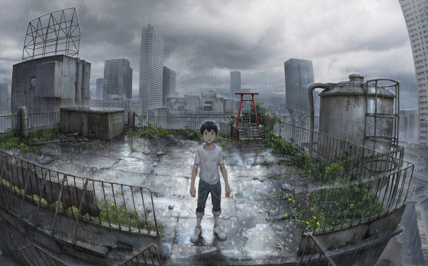 1boy arms_at_sides bare_arms beitemian black_hair brown_eyes building cloud cloudy_sky grass highres ladder looking_at_viewer male_focus morisaki_hotaka outdoors pants pants_rolled_up pipes plant puddle railing rain ripples rooftop rubble shinto shirt shoes short_sleeves shrine sky skyscraper sneakers solo stairs standing surprised t-shirt tenki_no_ko tile_floor tiles torii water_tank wet wet_clothes wet_hair wet_shirt white_footwear white_shirt widescreen