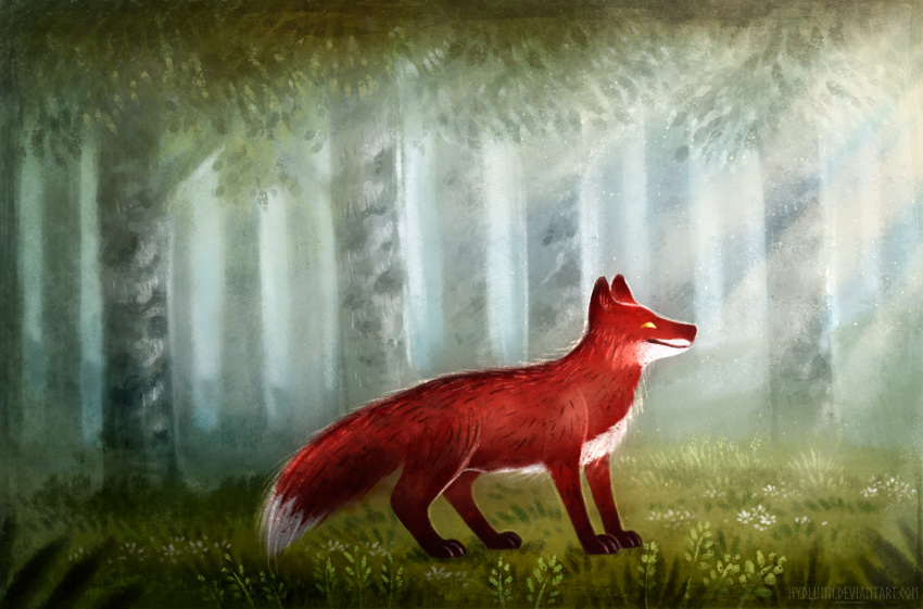 2019 ambiguous_gender canid canine day detailed_background digital_media_(artwork) feral forest fox fur grass hi_res hydlunn mammal outside red_body red_fur solo standing tree
