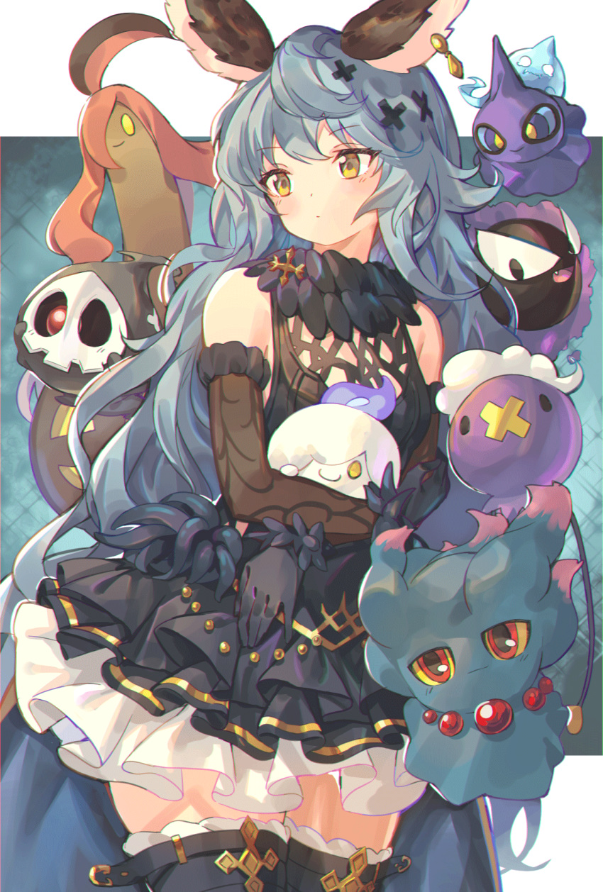 1girl animal_ears bare_shoulders black_dress black_gloves blue_hair blush candle commentary_request cowboy_shot dress drifloon duskull elbow_gloves erune fang ferry_(granblue_fantasy) fire fur_trim gastly gen_1_pokemon gen_2_pokemon gen_3_pokemon gen_4_pokemon gen_5_pokemon gen_6_pokemon ghost gloves gourgeist granblue_fantasy highres jewelry kanase_(mcbrwn18) litwick long_hair misdreavus one_eye_covered pokemon pokemon_(creature) red_eyes shuppet single_earring smile thighhighs very_long_hair wavy_hair wax yellow_eyes