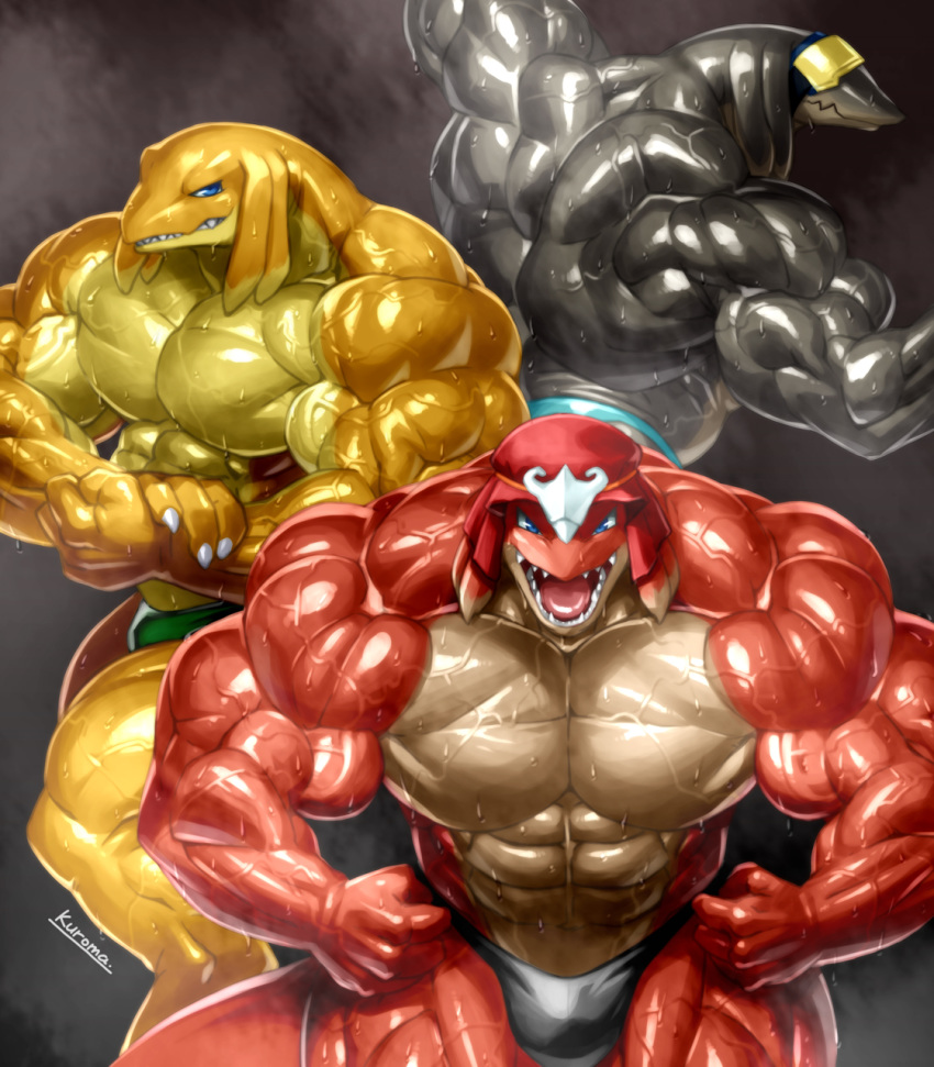 abs back_muscles bangaa biceps big_muscles blindfold bodily_fluids bulge clothing final_fantasy flexing group hi_res huge_muscles hyper hyper_muscles kuroma male mostly_nude muscular pecs pose scalie speedo square_enix sweat swimwear veiny_muscles video_games