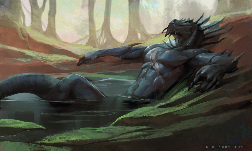 2019 5_fingers absurd_res anthro asian_mythology athletic bathing biceps black_body black_scales convenient_censorship dead_tree detailed_background digital_media_(artwork) digital_painting_(artwork) dragon east_asian_mythology eastern_dragon elkc eye_scar facial_scar facial_spikes fin fingers forest frill_(anatomy) head_fin hi_res male markings moss muscular muscular_male mythology navel nude outside partially_submerged pecs pond reclining relaxing rock scales scalie scar sixfoot skinny_dipping snout solo spikes teal_scales teeth tree triceps water white_markings