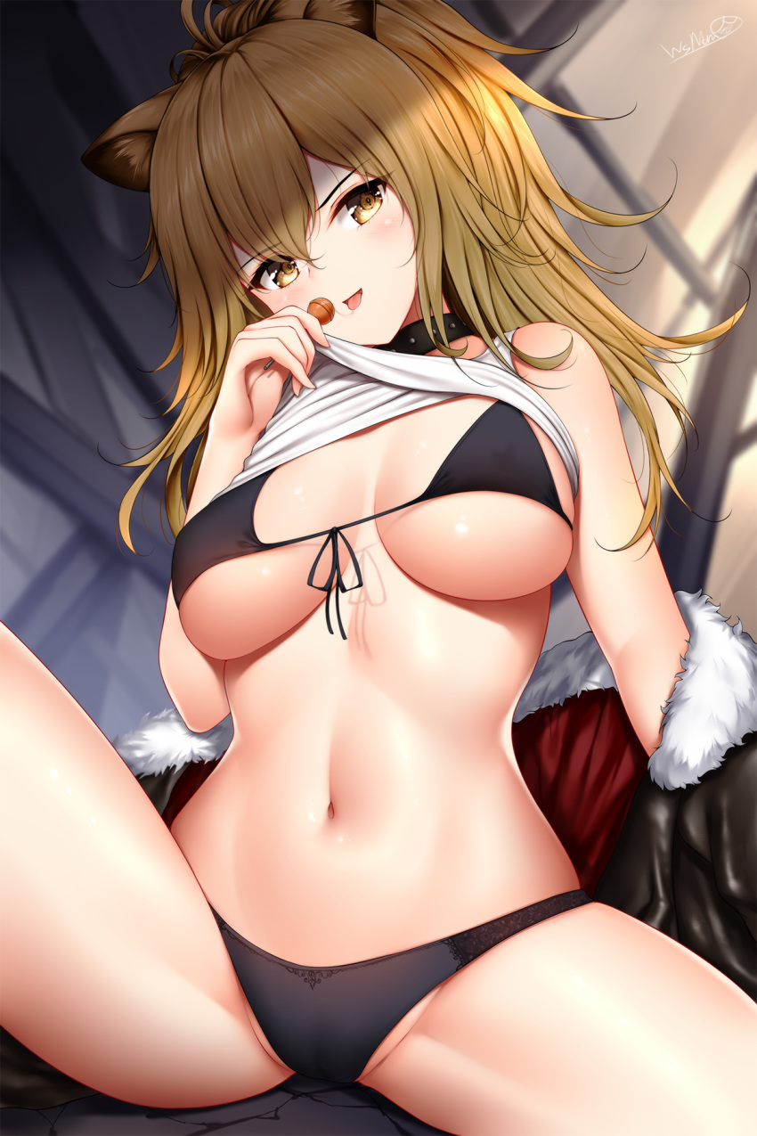 1girl animal_ears arknights bangs bare_shoulders blonde_hair blush breasts candy choker collarbone food fur-trimmed_jacket fur_trim groin hair_between_eyes highres jacket large_breasts lion_ears lollipop long_hair looking_at_viewer navel open_mouth saliva saliva_trail siege_(arknights) signature sitting solo spread_legs stomach tank_top tank_top_lift thighs tongue tongue_out wsman yellow_eyes