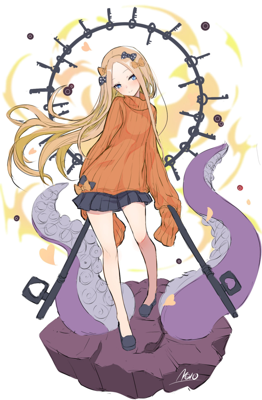 1girl abigail_williams_(fate/grand_order) absurdres black_bow black_footwear black_skirt blonde_hair blue_eyes blush bow fate/grand_order fate_(series) full_body hair_bow heart highres key kuronuko_neero long_hair long_sleeves multiple_bows orange_bow orange_sweater pleated_skirt polka_dot polka_dot_bow ribbed_sweater shoes signature simple_background skirt sleeves_past_fingers sleeves_past_wrists smile solo sweater tentacles white_background