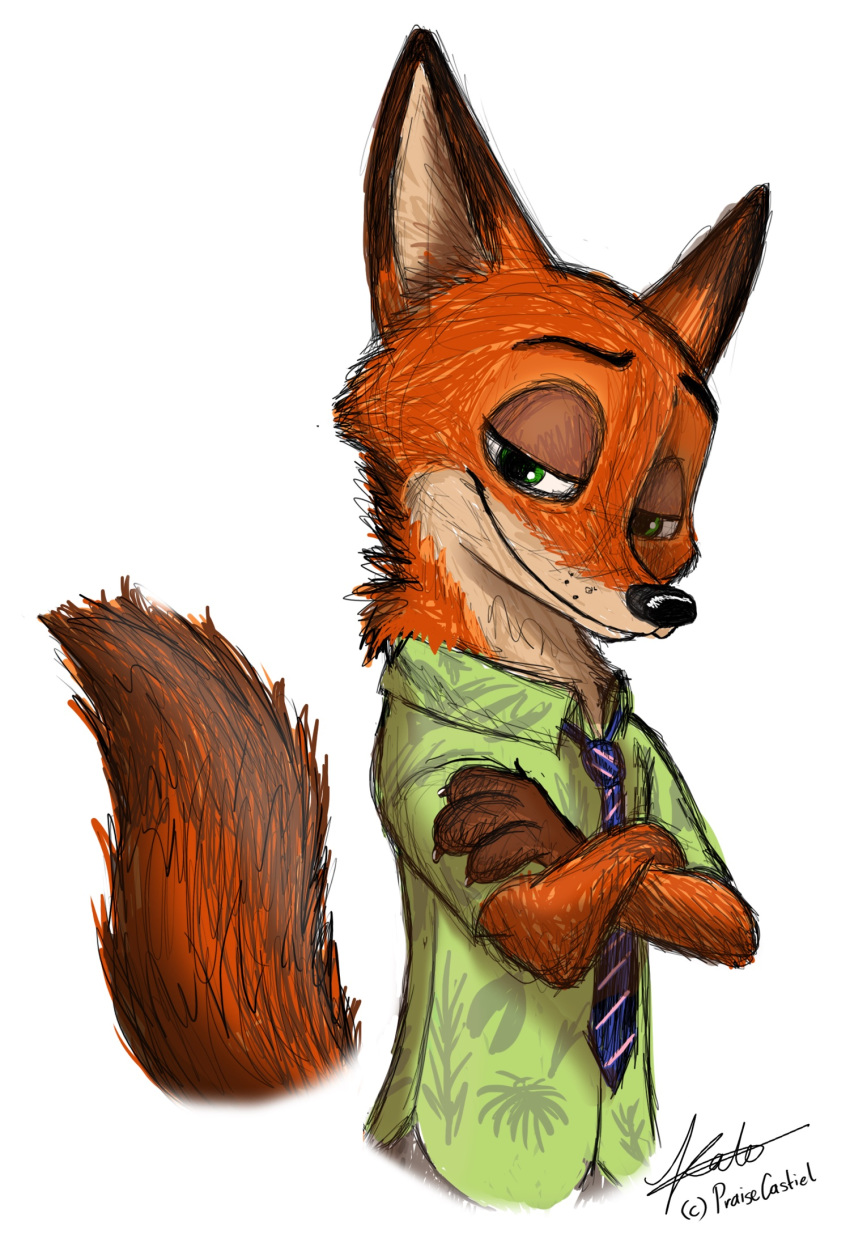 anthro black_nose canid canine clothed clothing crossed_arms dipstick_ears disney fluffy fluffy_tail fox fur green_eyes hi_res mammal multicolored_ears neck_tuft necktie nick_wilde orange_body orange_fur praisecastiel red_fox shirt simple_background smile solo topwear tuft white_background zootopia