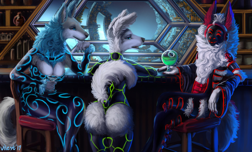 butt canid canine canis clothing club_(disambiguation) detailed_background digital_media_(artwork) female fluffy fur glowing group hi_res ironwood machine mammal noisy_(character) open_mouth protogen robot rubber smile space_station wolf